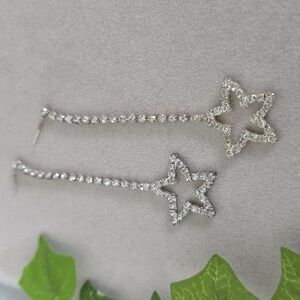 Silver With Clear Rhinestone Star Dangle Earrings